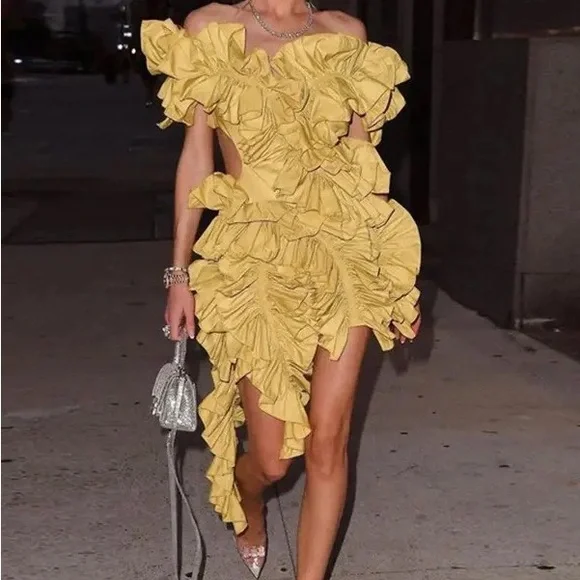 Elegant Ruffle Statement Mini Dress – Off-Shoulder Layered Halter Cocktail Dress - Picture 6 of 13